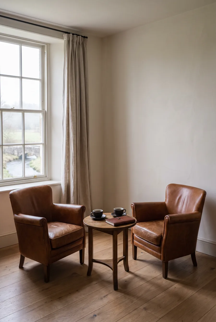 Two leather armchairs and a small table by a window overlooking a misty brook and stone bridge