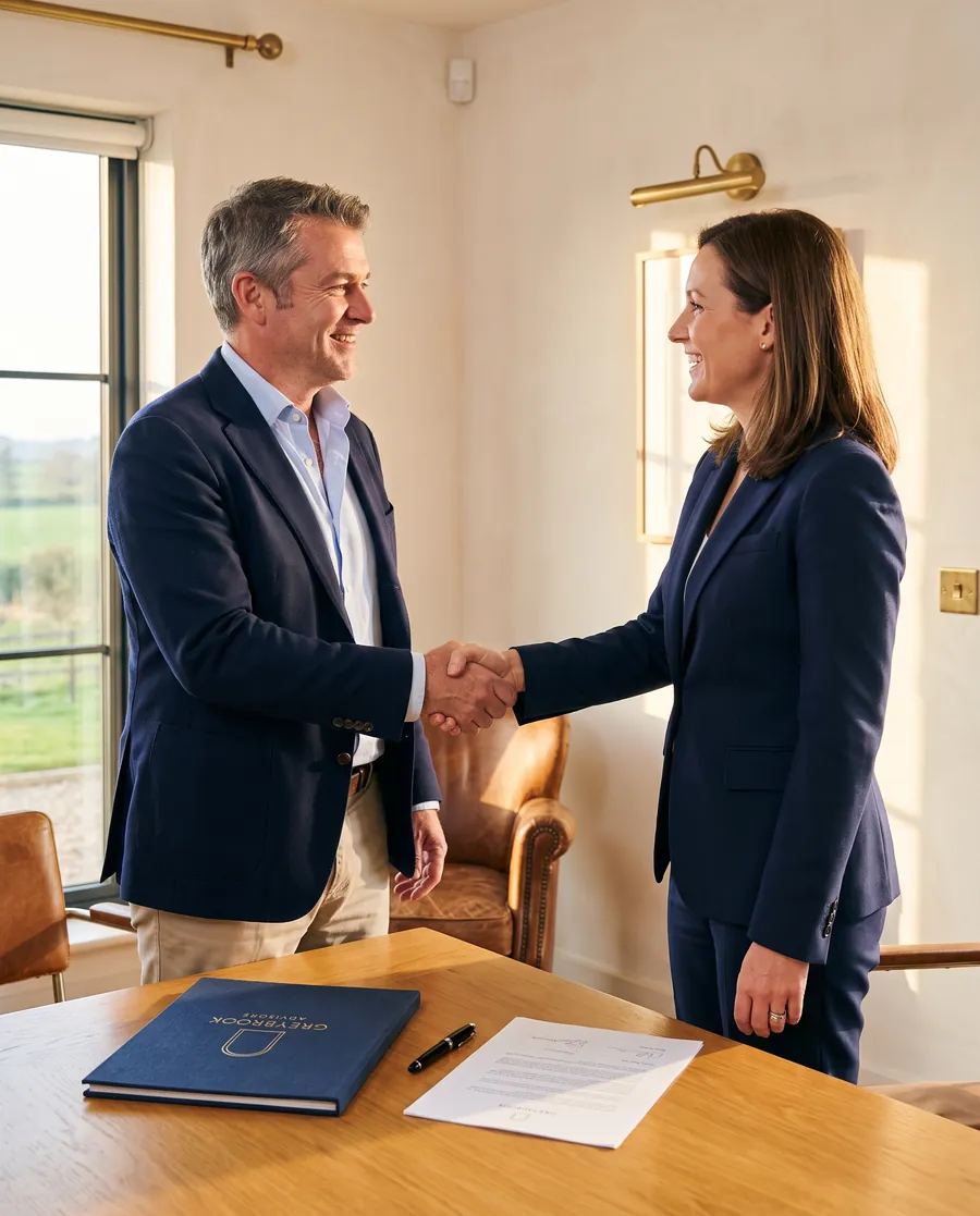 A business owner and an advisor shaking hands over a Greybrook Advisors folder in a sunlit office
