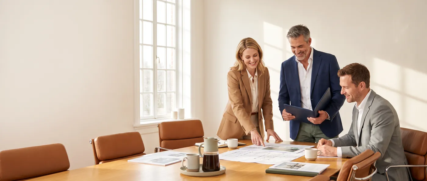 Three professionals reviewing documents together at a sunlit conference table