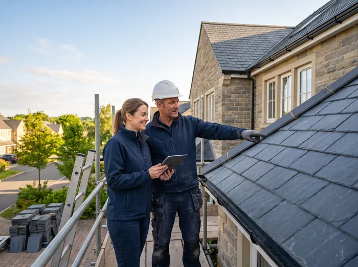 A roofing company owner and colleague reviewing a finished slate roof on a sunny morning
