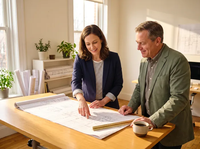 An engineer and a client reviewing plans at a sunlit drafting table