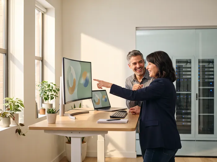 Two technology professionals collaborating at a desk in a bright office